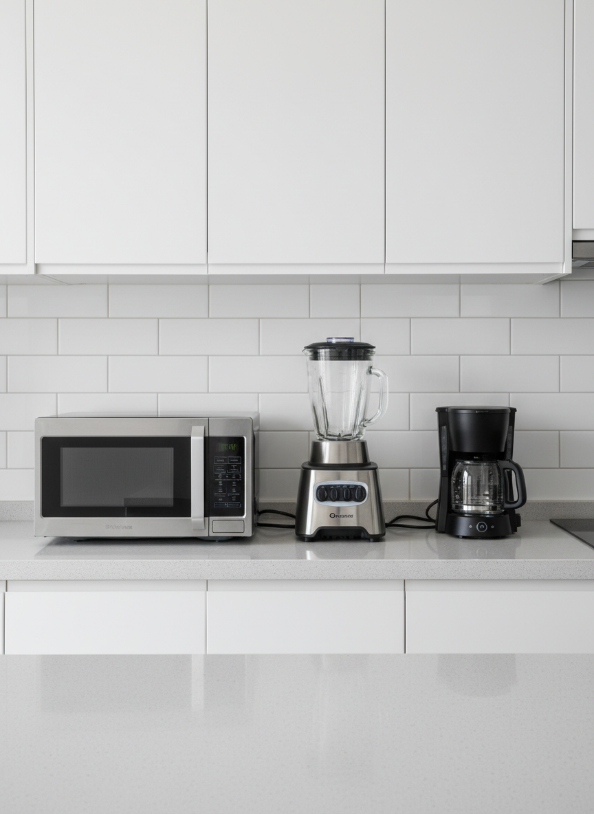 Una combinación de electrodomésticos medianos de encimera: un horno de microondas inoxidable, una licuadora de vaso de vidrio grueso y una cafetera compacta negra con detalles cromados, todos alineados sobre una barra de cocina de cuarzo gris claro. El fondo muestra una pared de azulejo blanco brillante y gabinetes superiores lisos, sin tiradores visibles, creando un ambiente moderno y ordenado. La iluminación es de estudio, suave y uniforme, sin sombras duras, con reflejos controlados en las superficies metálicas y plásticas. La toma es frontal, ligeramente elevada, con enfoque nítido en todos los aparatos. La atmósfera es limpia, profesional y confiable, resaltando la calidad y funcionalidad de los electrodomésticos en el hogar tapatío.