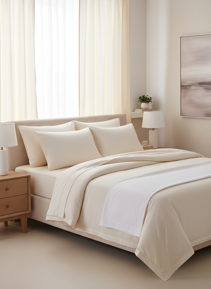 Un colchón matrimonial de alta calidad, perfectamente vestido con blancos en tonos marfil y blanco puro, acompañado de almohadas mullidas y un ligero edredón doblado al pie de la cama. La cama se encuentra en una recámara luminosa y moderna, con paredes claras, burós minimalistas y una lámpara de mesa discreta sin encender. Luz natural suave entra por un gran ventanal con cortinas translúcidas, bañando la ropa de cama y resaltando las texturas de las telas. La toma es a nivel de ojo, con composición basada en la regla de tercios, manteniendo el resto de la habitación ordenado y libre de desorden. Estilo fotográfico realista, pulcro y profesional, evocando confort y confianza en la calidad de los productos.
