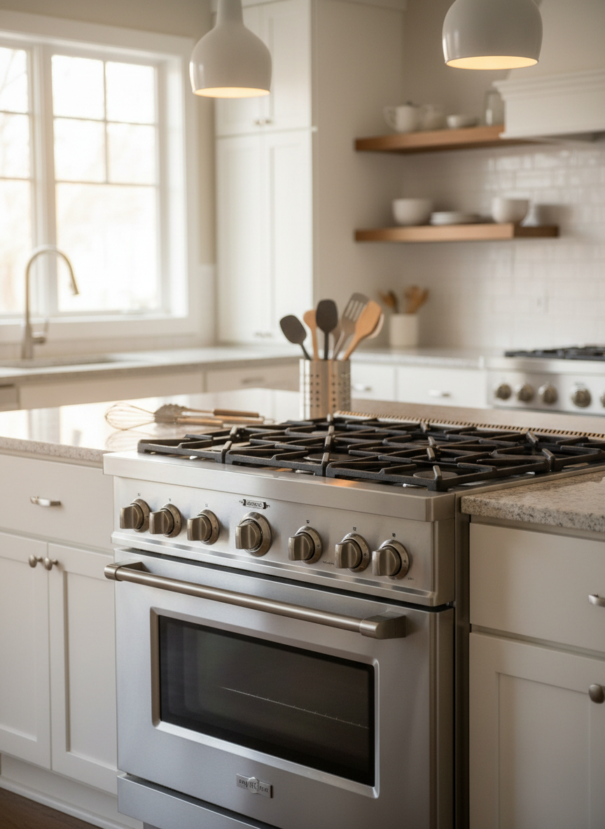 Una estufa de gas de acero inoxidable con parrillas de hierro fundido y horno amplio, impecablemente limpia, instalada en una cocina familiar contemporánea. Sobre la cubierta de granito claro se aprecian algunos utensilios metálicos ordenados y un espacio de trabajo despejado, sin elementos distractores. La iluminación proviene de luz natural de tarde que entra por una ventana lateral, complementada por luz cálida de lámparas colgantes modernas sobre la barra. La fotografía se toma desde un ángulo ligeramente elevado, enfocando los mandos robustos y la puerta del horno con cristal transparente. El fondo, ligeramente desenfocado, muestra gabinetes blancos y un ambiente acogedor, transmitiendo durabilidad, confianza y calidad profesional.